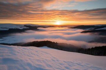 Aufkleber - The view captures a snow-covered mountain range bathed in golden light as the sun rises, with layers of mist drifting through the valleys, creating tranquility