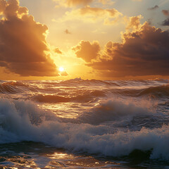 Wall Mural - vivid sunset casting golden hues over a chalcedony coast with soft waves crashing, offering an elega