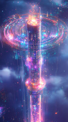 Poster - Glowing futuristic data transmission tower emitting vibrant streams of light, symbolizing global network connectivity and advanced technology