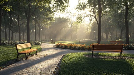 A park scene with Easter eggs cleverly hidden near benches, flower beds, and pathways.