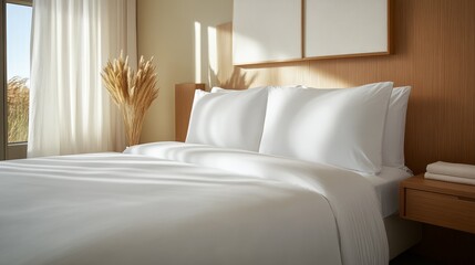 Aufkleber - Bright sunlight bathes the bedroom in warmth, highlighting the crisp white bedding and decorative grasses, creating a peaceful and uncluttered atmosphere