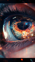 Aufkleber - Close-up of an eye reflecting a futuristic cityscape at night, exploring themes of vision, future, and technology