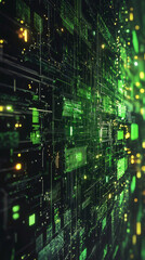 Poster - Complex digital circuit board processing data in a futuristic server room, with green and yellow lights flowing through the circuits