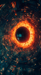 Poster - Glowing orange wormhole bending spacetime, emerging through advanced technological framework, representing quantum physics concept
