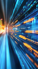 Leinwandbilder - Big data stream flowing through internet network and transferring digital information with light trails and city lights in the background