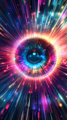 Poster - Vibrant eye emitting luminous rays, symbolizing technological vision, innovation, futuristic intelligence through dynamic digital visualization