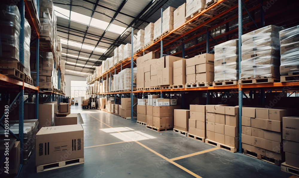 Storage of boxes inside a semi automated industrial warehouse. Stock of ...