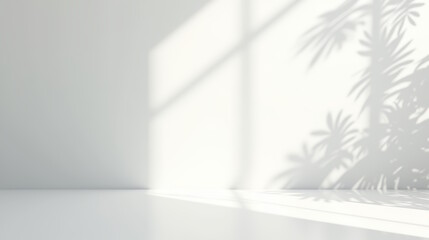 Soft shadows of plants and palm leaves cast by window light on the  white wall in an empty room interior