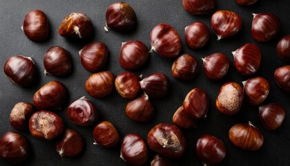 Wall Mural - Chestnuts on black background top view
