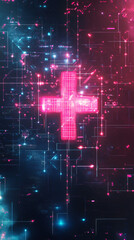 Leinwandbilder - Pink glowing cross appearing on dark digital electronic circuit board with blue and pink lights
