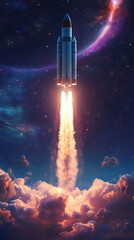 Poster - Powerful rocket launching from earth and going into deep space with stars and nebulae in the background