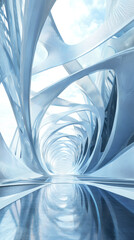 Leinwandbilder - Sleek white architectural corridor glowing with blue reflections, leading toward intense luminous endpoint