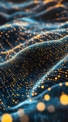Poster - Abstract background with luminous particles flowing on a dark wavy surface, creating a mesmerizing digital landscape