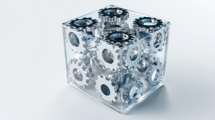 Poster - Interlocking Gears in a Glass Cube: A 3D Render of Precision and Mechanism