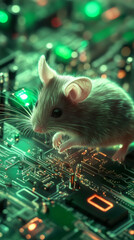 Leinwandbilder - Laboratory mouse walking on an electronic circuit board, illuminated by green and orange lights, exploring new technologies