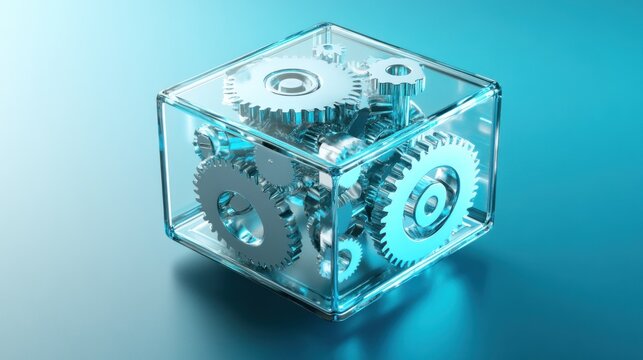 Glass Cube with Interlocking Gears: A 3D Render of Precision and Mechanism