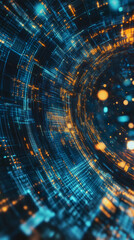 Poster - Digital particles glowing, swirling through cybernetic tunnel, transmitting data with vibrant blue-orange luminescence