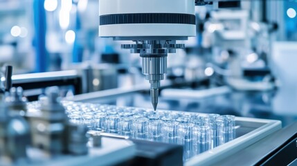 Poster - Modern robotic arm carefully handling vials in a sterile pharmaceutical manufacturing plant, highlighting automation and precision in medicine production