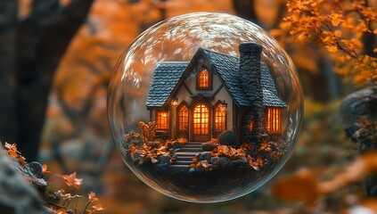 Enchanted Autumn Cottage in a Glass Sphere