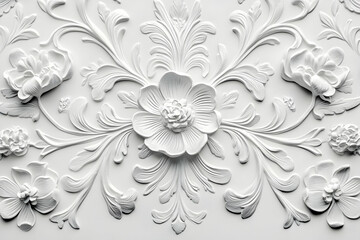 Poster - White embossed wallpaper with intricate floral patterns, adding depth and texture