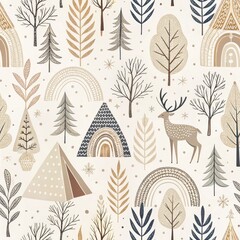 Wall Mural - Seamless Winter Forest Pattern Deer Trees Tents Rainbows Neutral Colors Scandinavian Style