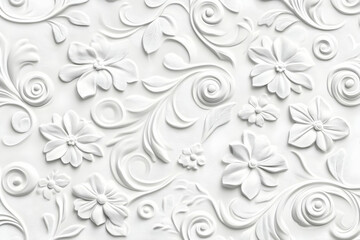 Poster - White embossed paper with an intricate floral pattern, textured background, and white wall wallpaper. 