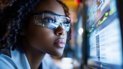Poster - Dedicated scientist wearing safety goggles is carefully reviewing data displayed on a computer screen, likely monitoring a production line in a modern, high tech manufacturing facility
