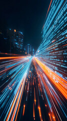Poster - Illuminated buildings in a futuristic cityscape showcase vibrant light trails and flowing binary code, creating a dynamic urban scene at night