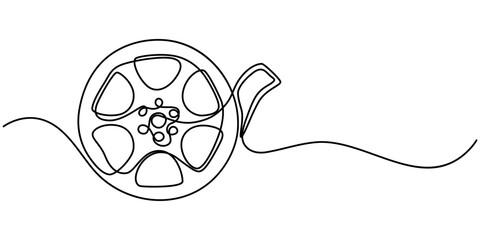 Wall Mural - One continuous line drawing of film reel with long tape. Retro old movie and cinema roll, Continuous one line drawing cinema film strip. Vintage cinema element isolated on a white background. Vector. 