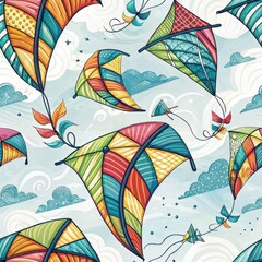 Wall Mural - Colorful Kites Flying High in a Vivid Sky Seamless Pattern Design