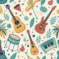 Wall Mural - Vibrant Seamless Pattern Musical Instruments Tropical Leaves Stars Background