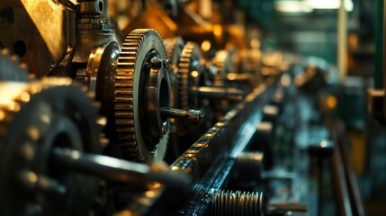 Poster - Interlocking metal gears rotating smoothly within complex industrial machinery, showcasing the precision and power of a manufacturing process