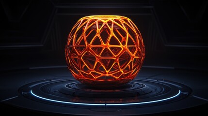 Poster - Illuminated geometric sphere futuristic studio digital artwork dark environment close-up view conceptual design