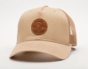 beige trucker hat with a leather patch, perfect for outdoor enthusiasts.