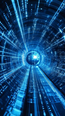 Poster - Futuristic cyberspace tunnel with binary code flowing at high speed, creating a sense of technological advancement and data transfer