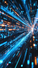 Leinwandbilder - Futuristic data stream flowing through cyberspace with glowing blue and orange lights, creating a sense of speed and technology