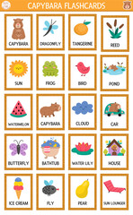  Vector big capybara flash cards set with butterfly, watermelon, cloud, water lily, bird. English language game with cute animals for kids. Capibara flashcards. Simple educational printable worksheet