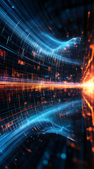 Leinwandbilder - Digital tunnel glowing with blue and orange lights, illustrating futuristic tech innovation against dark background