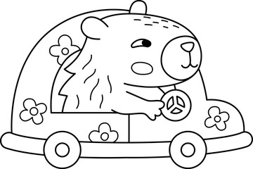 Wall Mural - Vector black and white capybara icon. Cute line capibara driving car with flowers. Funny animal illustration isolated on white background. Comic guinea pig clipart, coloring page