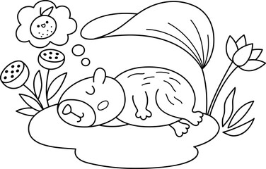 Wall Mural - Vector black and white capybara icon. Cute line capibara sleeping on water lily leaf. Funny happy animal illustration isolated on white background. Comic trendy guinea pig clipart, coloring page