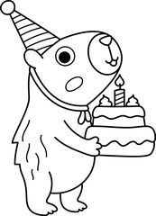 Wall Mural - Vector black and white capybara icon. Cute line capibara in cone hat with birthday cake with candle. Funny animal illustration isolated on white. Comic holiday guinea pig clipart, coloring page