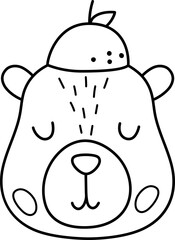 Naklejka na meble Vector black and white capybara head icon. Cute line capibara face with tangerine. Funny happy animal illustration isolated on white background. Comic trendy holiday guinea pig clipart, coloring page