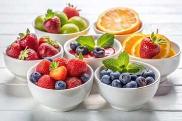 Wall Mural - Fresh Fruit Bowls: Close-up of Six White Bowls Filled with Assorted Fruits on White Background