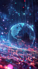 Poster - Digital globe depicting America, surrounded by flowing data connections, illustrating the dynamic interplay of global communication and technology