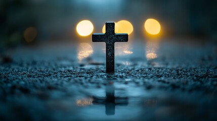 Wall Mural - Symbolic Cross on Reflective Wet Surface Surrounded by Blurred Nature Evokes Calmness and Reflection