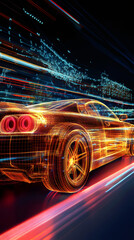 Poster - sleek polygonal sports car racing highway under night sky, digital rendering showcasing high-speed t