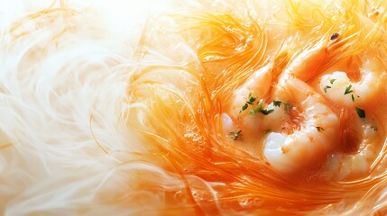 Wall Mural - Close Up of Fresh Shrimp in Delicious Savory Soup Highlighting Culinary Art and Gastronomic Delight