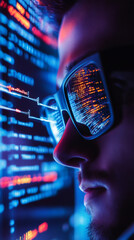 Poster - Concentrated programmer reviewing source code, glasses reflecting computer screen during late-night coding session