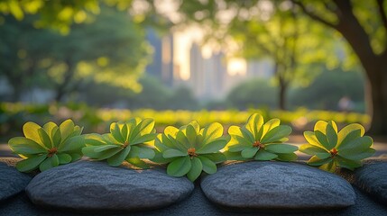 Poster - Green plants on rocks in city park at sunset with blurred skyline