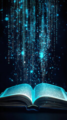 Leinwandbilder - Open book with data flow transferring information, information technology and learning concept